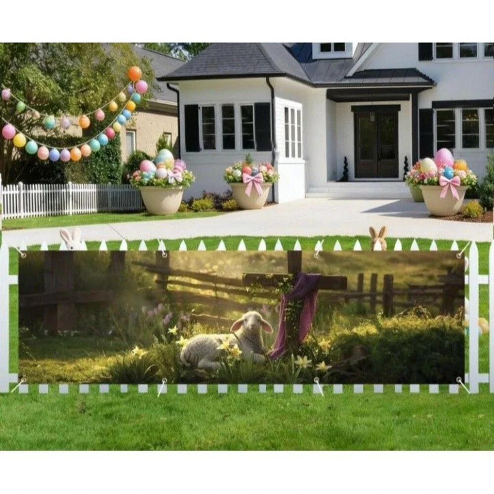 Lamb and Cross Banner 118 x 35 Inches, Christian Resurrection Backdrop,...